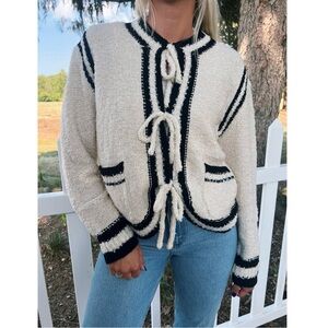 Stitch & Feather Annabelle Tie Sweater in Cream and Black Cardigan Size Large